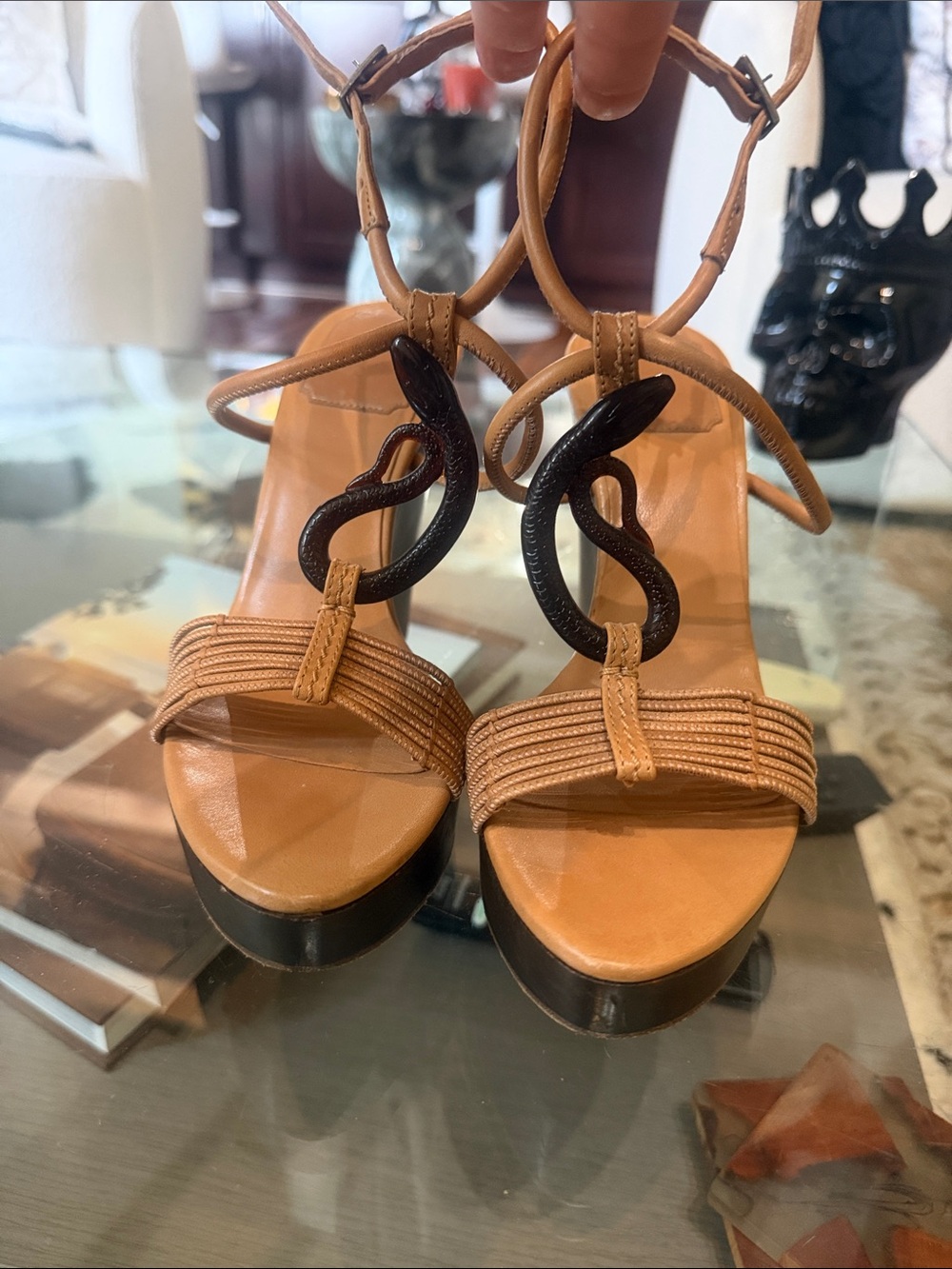 Dior Tan Leather Wedge Sandals with Dark Brown Serpent Accent
